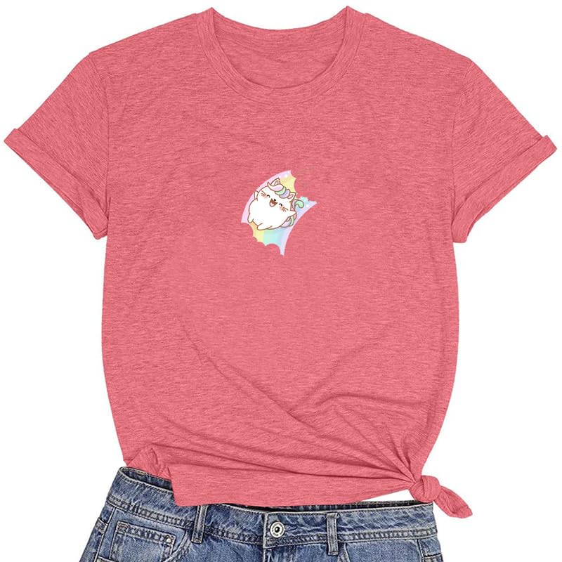 CORIRESHA Camiseta acogedora informal de verano de manga corta con cuello redondo y gato de dibujos animados para mujer