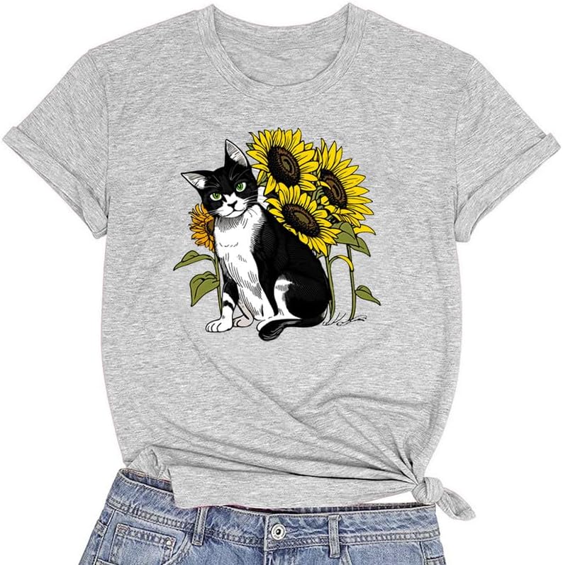 CORIRESHA Women's Cat Sunflower Crewneck Short Sleeve Casual Summer Cute T-Shirt