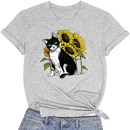 CORIRESHA Women's Cat Sunflower Crewneck Short Sleeve Casual Summer Cute T-Shirt