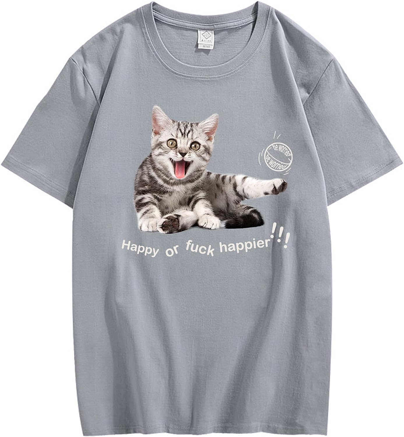 CORIRESHA Adolescente Happy Cat Cuello Redondo Manga Corta Verano Casual Algodón Linda Camiseta
