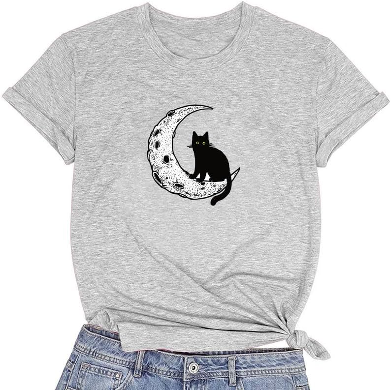 CORIRESHA Camiseta básica casual de manga corta con cuello redondo y gato negro luna para mujer