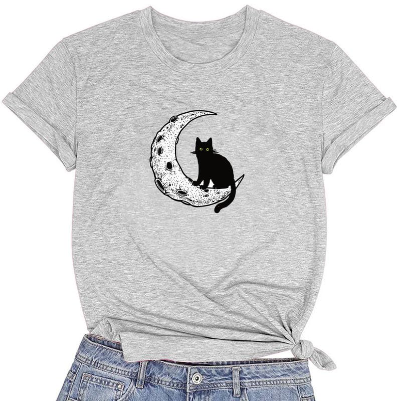 CORIRESHA Camiseta básica casual de manga corta con cuello redondo y gato negro luna para mujer
