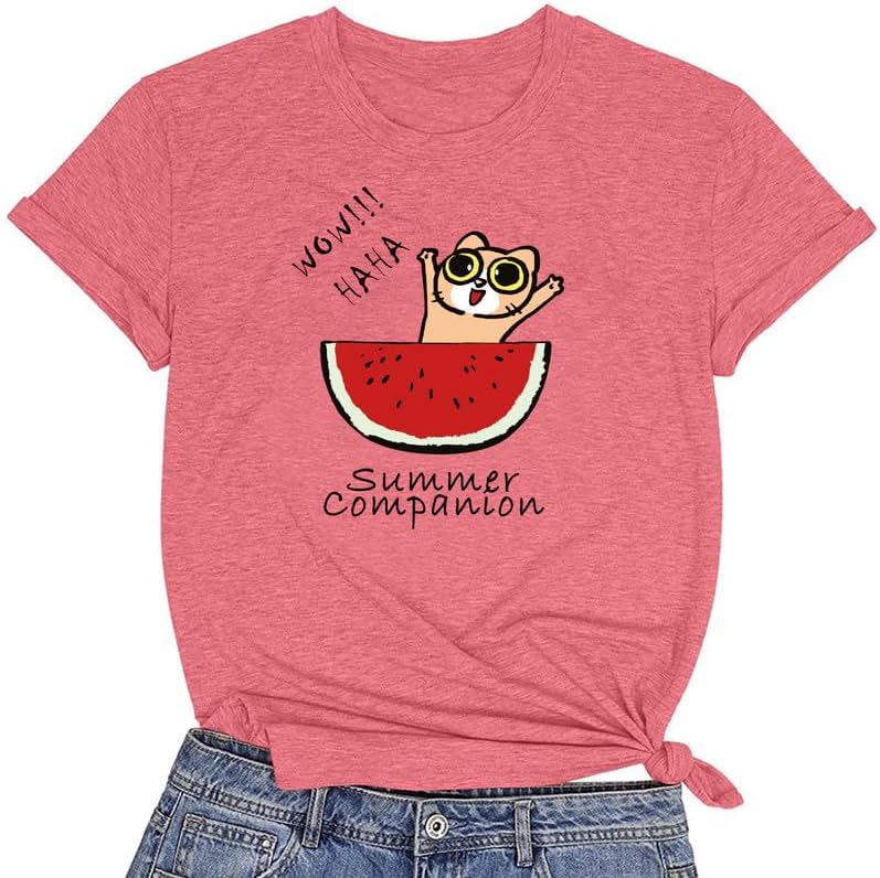 CORIRESHA Camiseta divertida de manga corta con cuello redondo y patrón de sandía para mujer