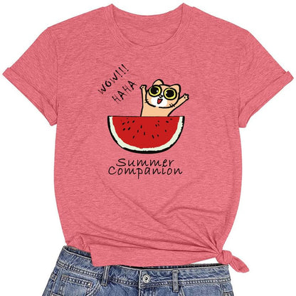 CORIRESHA Women's Funny Cat Eating Watermelon Pattern Crewneck Short Sleeve Cute T-Shirt