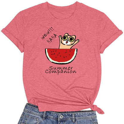 CORIRESHA Camiseta divertida de manga corta con cuello redondo y patrón de sandía para mujer