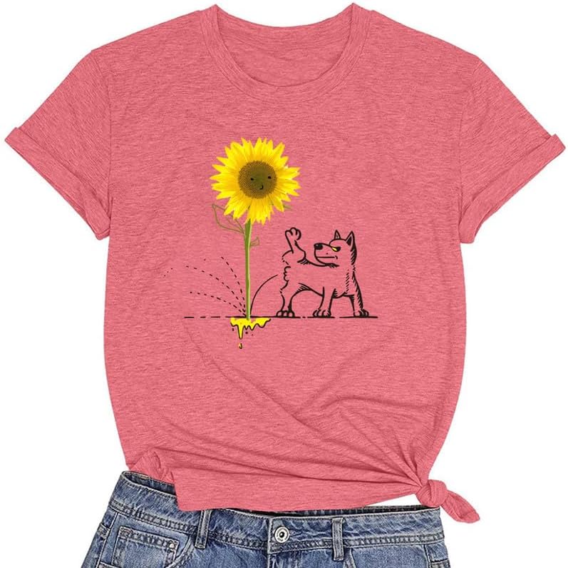 CORIRESHA Women's Dog Lovers Sunflower Print Summer Short Sleeve Round Neck Basic T-Shirt