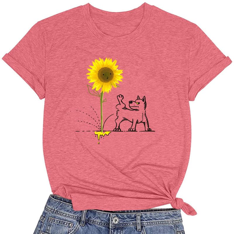 CORIRESHA Women's Dog Lovers Sunflower Print Summer Short Sleeve Round Neck Basic T-Shirt