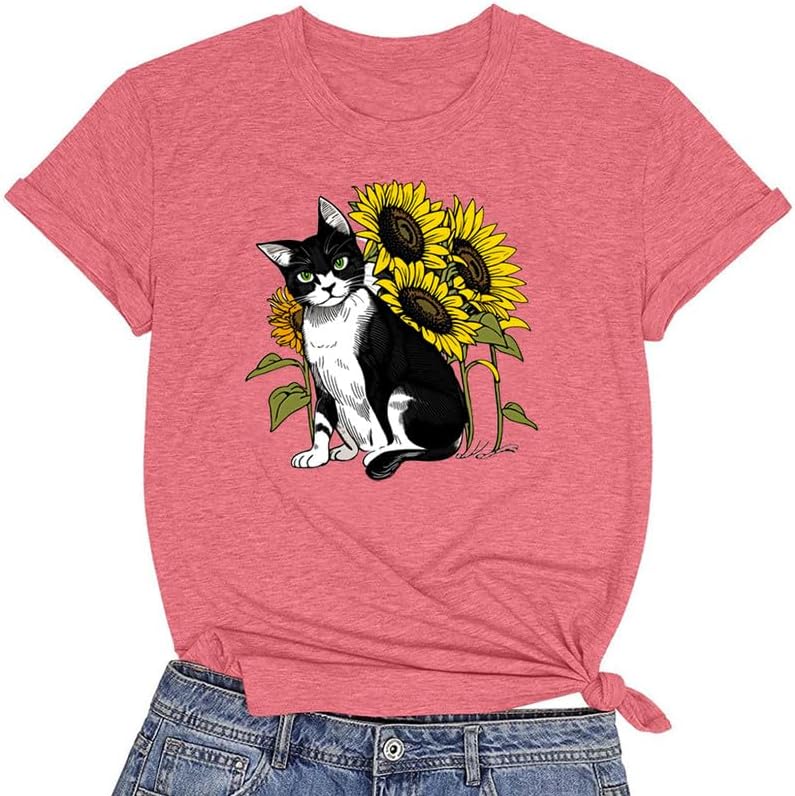 CORIRESHA Camiseta linda de verano casual de manga corta con cuello redondo y girasol para mujer
