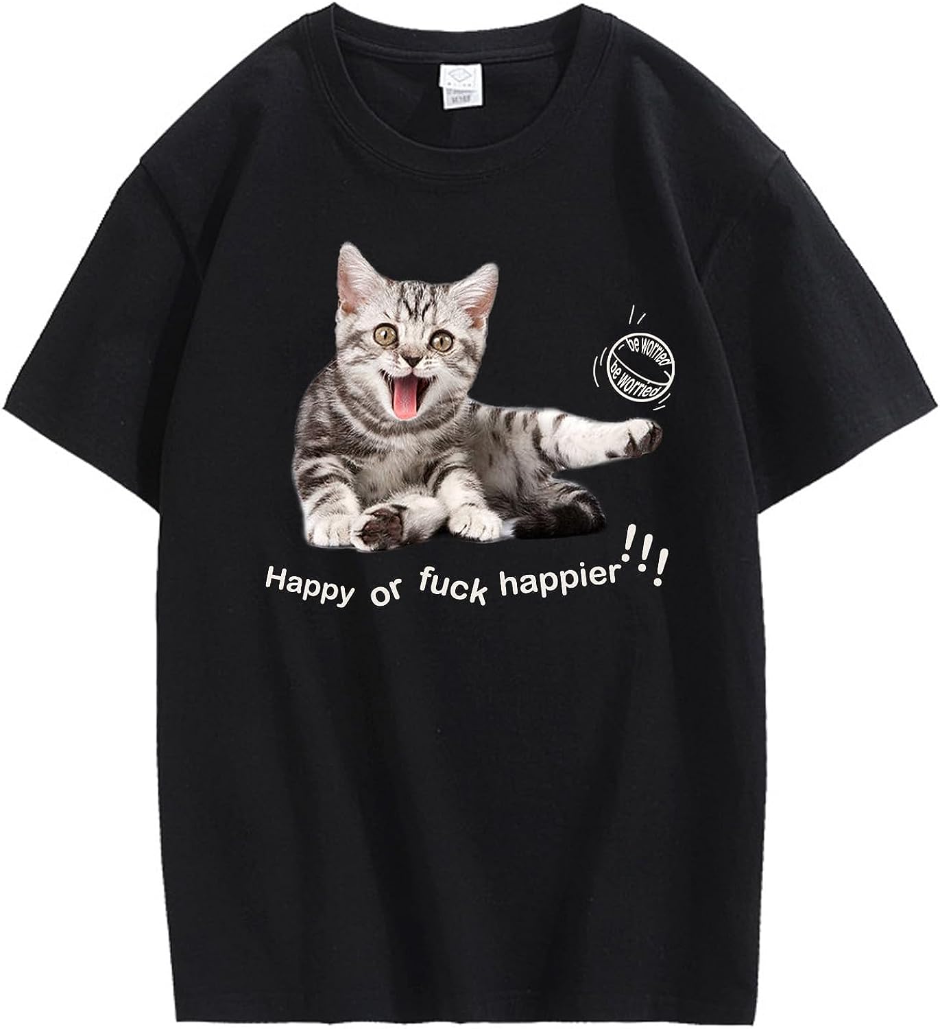 CORIRESHA Adolescente Happy Cat Cuello Redondo Manga Corta Verano Casual Algodón Linda Camiseta
