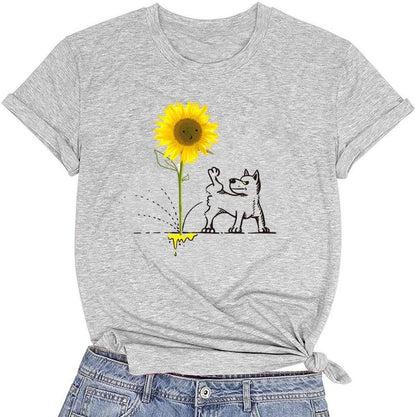 CORIRESHA Camiseta básica de manga corta con cuello redondo y estampado de girasol para mujer
