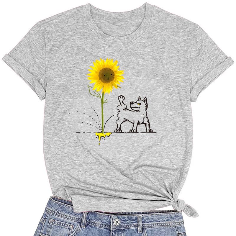 CORIRESHA Women's Dog Lovers Sunflower Print Summer Short Sleeve Round Neck Basic T-Shirt