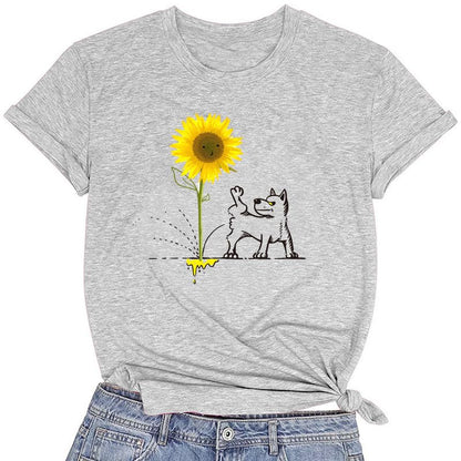 CORIRESHA Women's Dog Lovers Sunflower Print Summer Short Sleeve Round Neck Basic T-Shirt