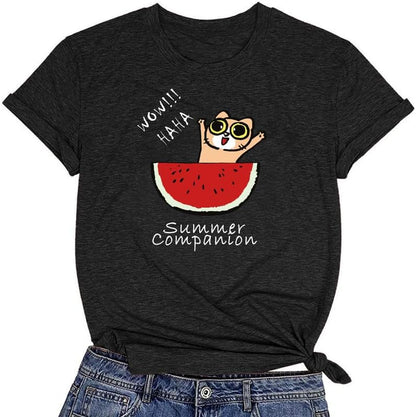 CORIRESHA Women's Funny Cat Eating Watermelon Pattern Crewneck Short Sleeve Cute T-Shirt