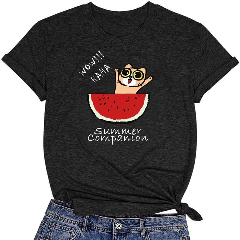 CORIRESHA Camiseta divertida de manga corta con cuello redondo y patrón de sandía para mujer