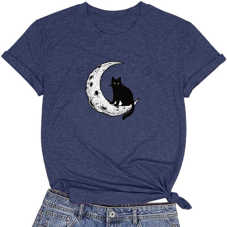 CORIRESHA Camiseta básica casual de manga corta con cuello redondo y gato negro luna para mujer