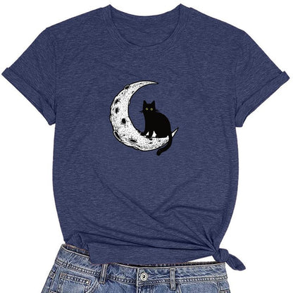 CORIRESHA Camiseta básica casual de manga corta con cuello redondo y gato negro luna para mujer