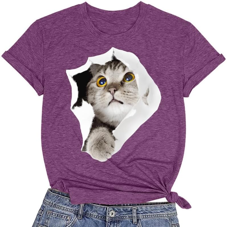 CORIRESHA Women's Cute T-Shirt Summer Short Sleeve Crew Neck Casual Cat Lovers Clothing
