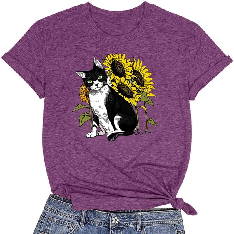 CORIRESHA Camiseta linda de verano casual de manga corta con cuello redondo y girasol para mujer