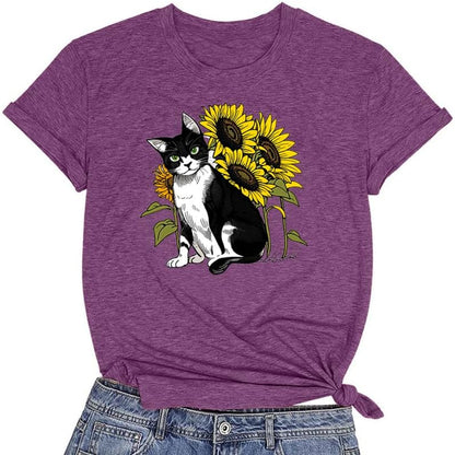 CORIRESHA Camiseta linda de verano casual de manga corta con cuello redondo y girasol para mujer