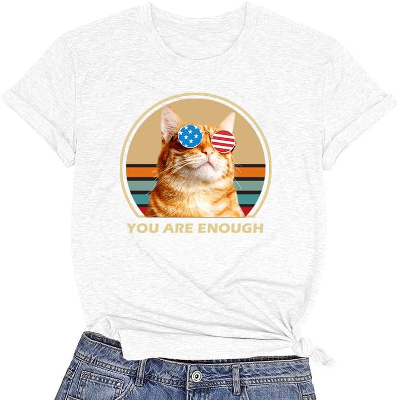 CORIRESHA You are Enough Teens Cute T-Shirts Casual Short Sleeve Loose Cat Lovers Clothing