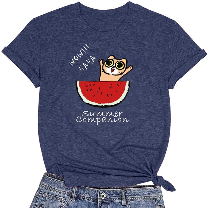CORIRESHA Camiseta divertida de manga corta con cuello redondo y patrón de sandía para mujer