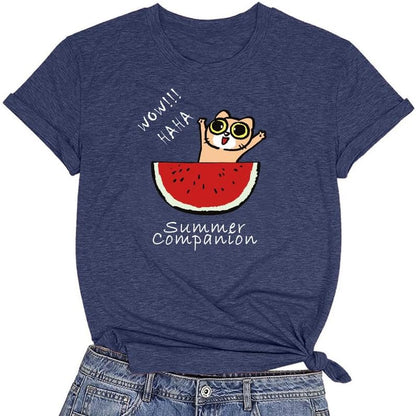CORIRESHA Camiseta divertida de manga corta con cuello redondo y patrón de sandía para mujer