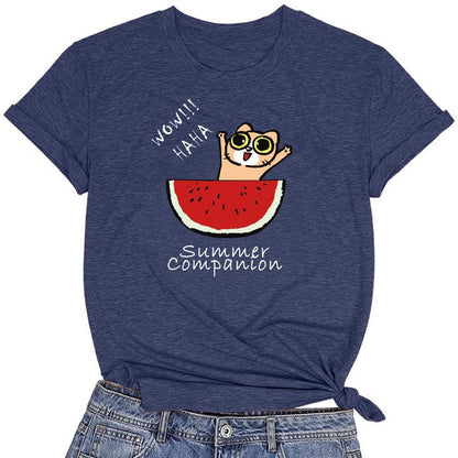 CORIRESHA Camiseta divertida de manga corta con cuello redondo y patrón de sandía para mujer