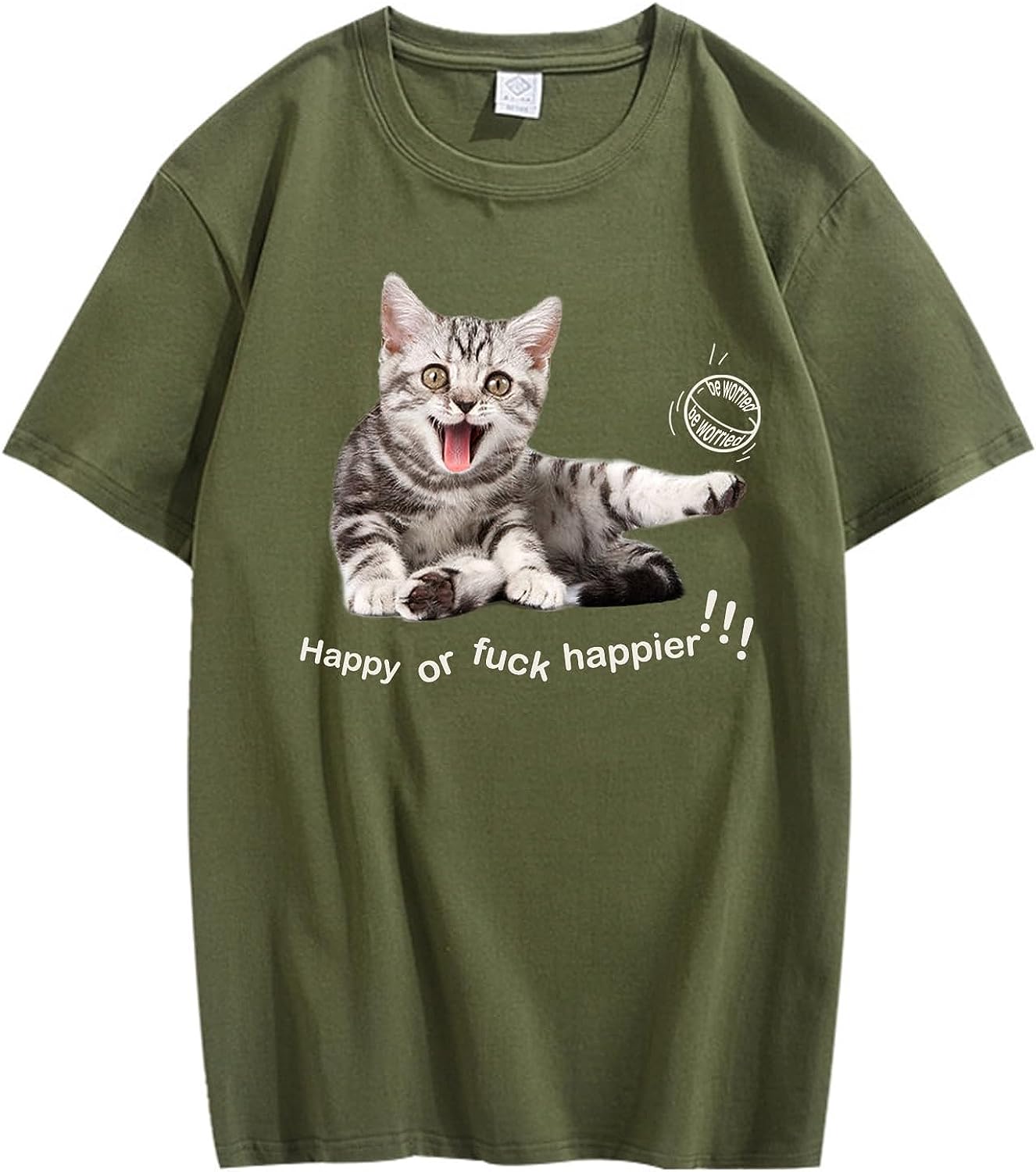 CORIRESHA Adolescente Happy Cat Cuello Redondo Manga Corta Verano Casual Algodón Linda Camiseta