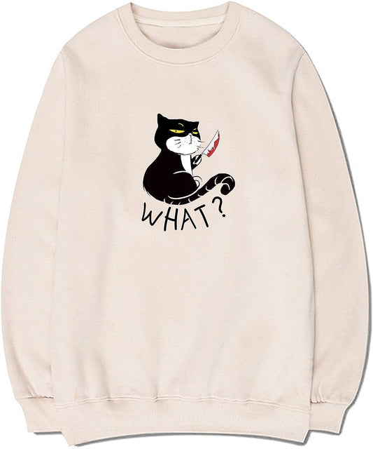 CORIRESHA Teen Funny With Blood Knife Cat Print Long Sleeve Casual Halloween Sweatshirt