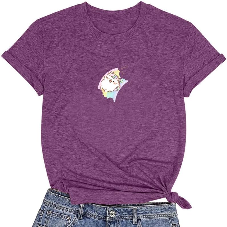 CORIRESHA Camiseta acogedora informal de verano de manga corta con cuello redondo y gato de dibujos animados para mujer