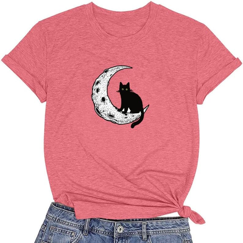 CORIRESHA Camiseta básica casual de manga corta con cuello redondo y gato negro luna para mujer