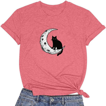 CORIRESHA Camiseta básica casual de manga corta con cuello redondo y gato negro luna para mujer