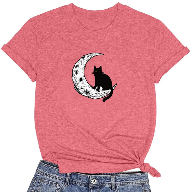 CORIRESHA Camiseta básica casual de manga corta con cuello redondo y gato negro luna para mujer