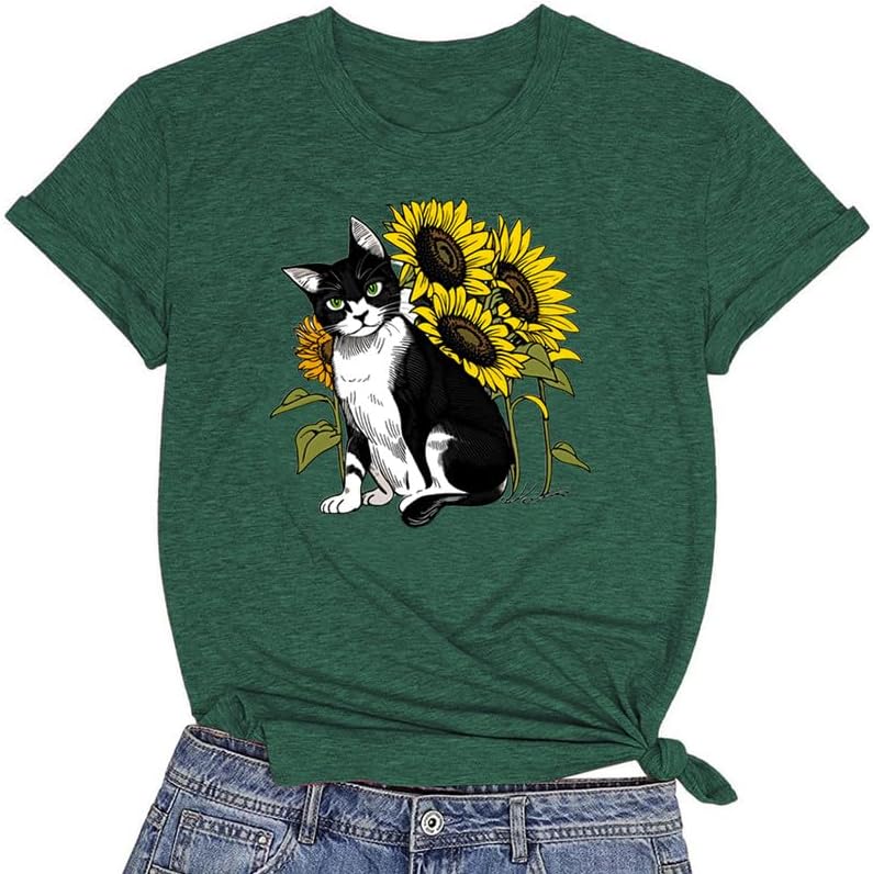 CORIRESHA Camiseta linda de verano casual de manga corta con cuello redondo y girasol para mujer