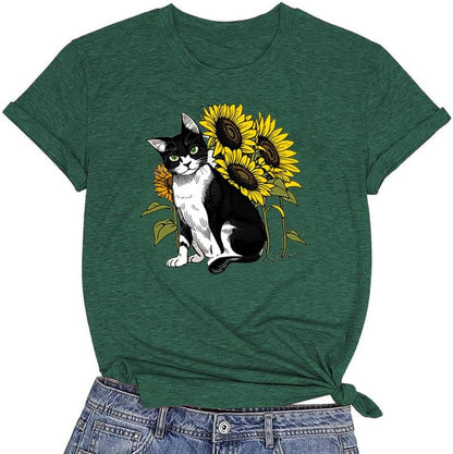 CORIRESHA Camiseta linda de verano casual de manga corta con cuello redondo y girasol para mujer