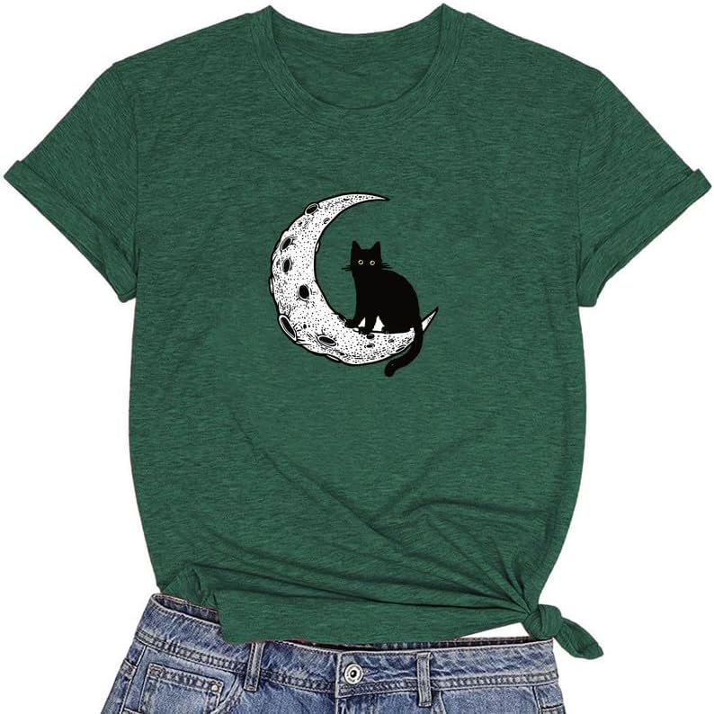 CORIRESHA Camiseta básica casual de manga corta con cuello redondo y gato negro luna para mujer