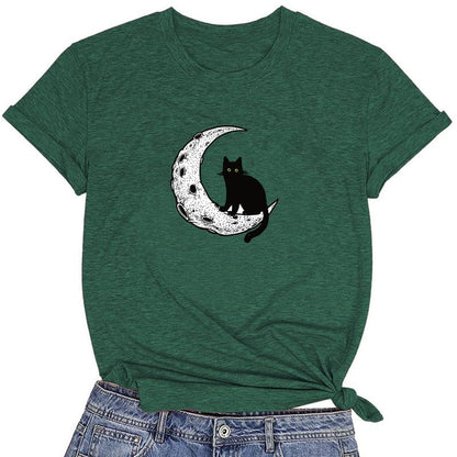 CORIRESHA Camiseta básica casual de manga corta con cuello redondo y gato negro luna para mujer