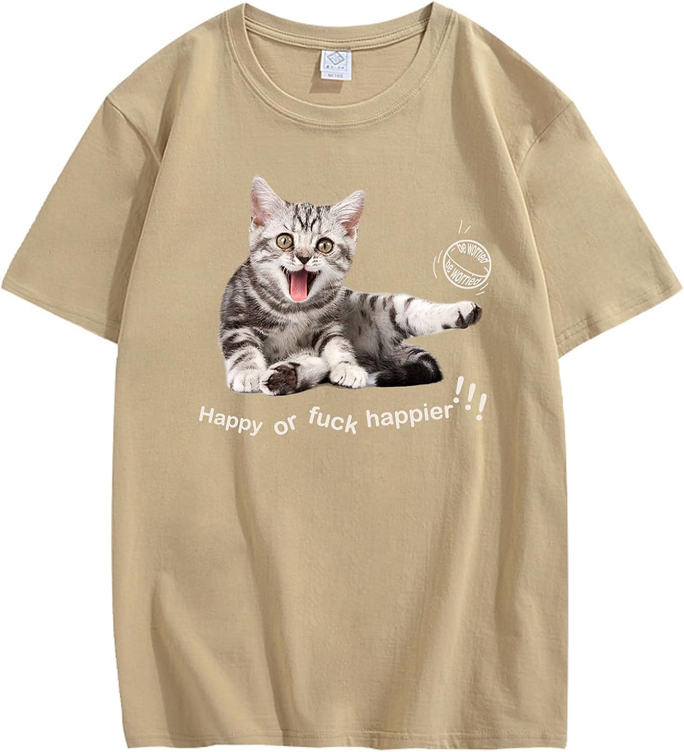 CORIRESHA Adolescente Happy Cat Cuello Redondo Manga Corta Verano Casual Algodón Linda Camiseta