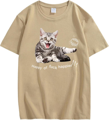 CORIRESHA Adolescente Happy Cat Cuello Redondo Manga Corta Verano Casual Algodón Linda Camiseta