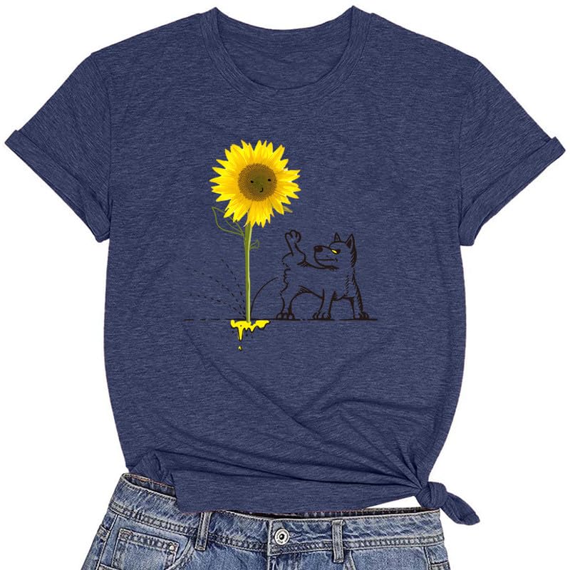 CORIRESHA Camiseta básica de manga corta con cuello redondo y estampado de girasol para mujer