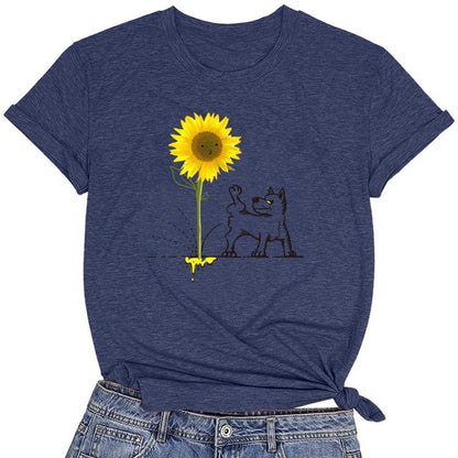 CORIRESHA Camiseta básica de manga corta con cuello redondo y estampado de girasol para mujer