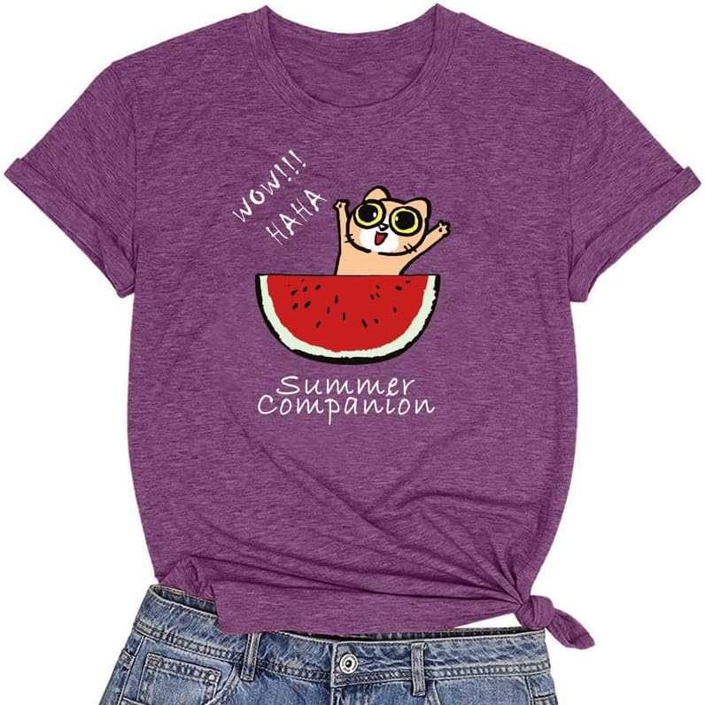 CORIRESHA Camiseta divertida de manga corta con cuello redondo y patrón de sandía para mujer