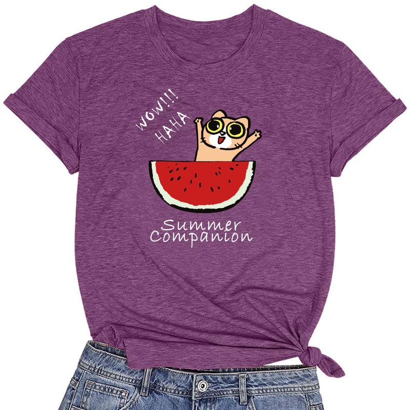 CORIRESHA Camiseta divertida de manga corta con cuello redondo y patrón de sandía para mujer