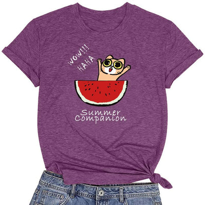 CORIRESHA Camiseta divertida de manga corta con cuello redondo y patrón de sandía para mujer