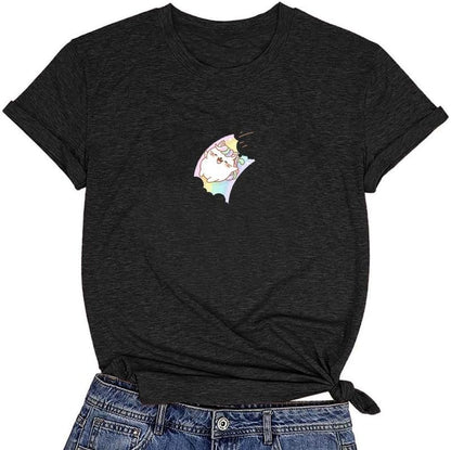 CORIRESHA Camiseta acogedora informal de verano de manga corta con cuello redondo y gato de dibujos animados para mujer