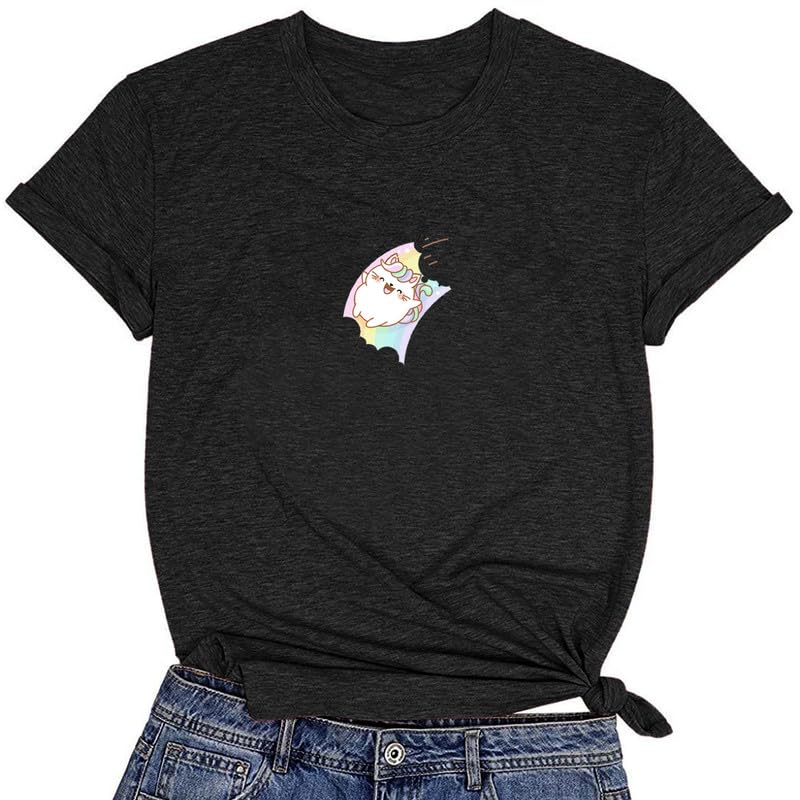 CORIRESHA Camiseta acogedora informal de verano de manga corta con cuello redondo y gato de dibujos animados para mujer