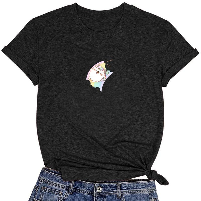 CORIRESHA Camiseta acogedora informal de verano de manga corta con cuello redondo y gato de dibujos animados para mujer