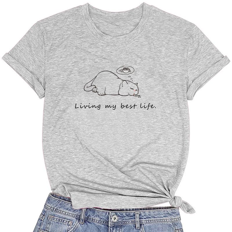 CORIRESHA Camiseta de manga corta con cuello redondo y estampado de gato durmiendo para mujer
