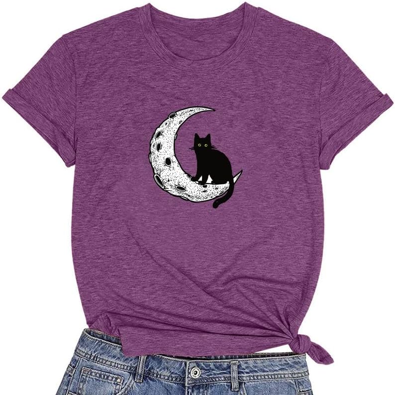 CORIRESHA Camiseta básica casual de manga corta con cuello redondo y gato negro luna para mujer