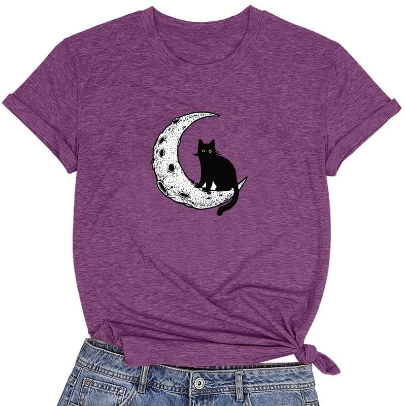 CORIRESHA Camiseta básica casual de manga corta con cuello redondo y gato negro luna para mujer